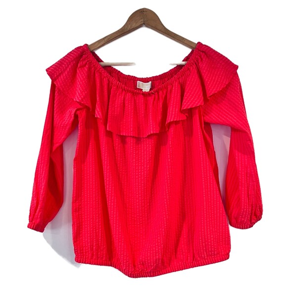 Michael Kors Seersucker Sangria Off the Shoulder Blouse Small NEW - Picture 4 of 11